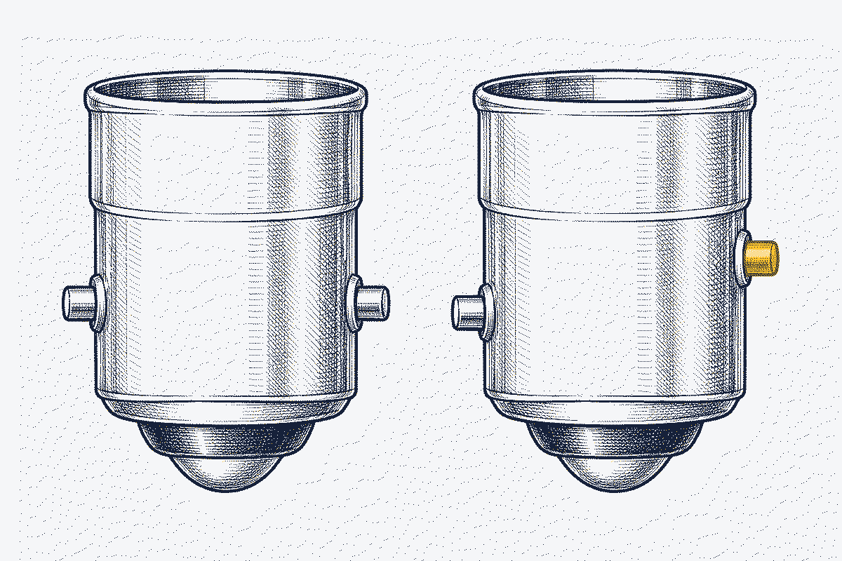 Close-up of two bayonet bulb bases, one with level pins and one with pins at different heights