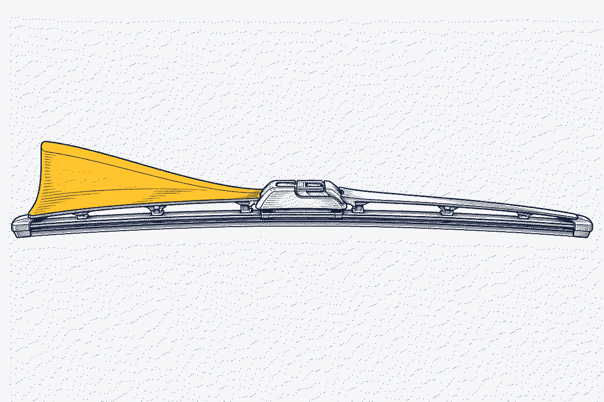 Close-up of an asymmetric flat wiper blade with a spoiler that is taller at one end than the other