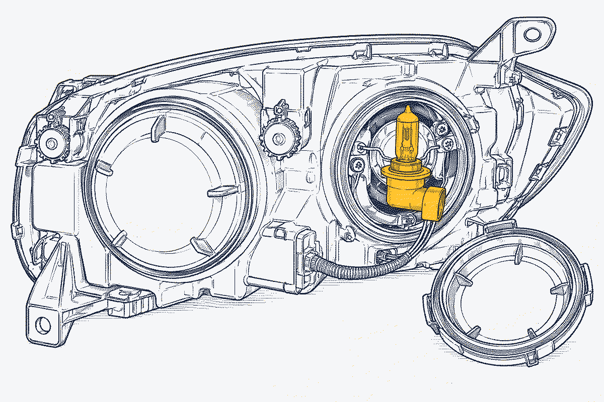 Rear view of a halogen headlamp unit with two bulb positions, one for dipped beam and one for a combined main beam and day light bulb