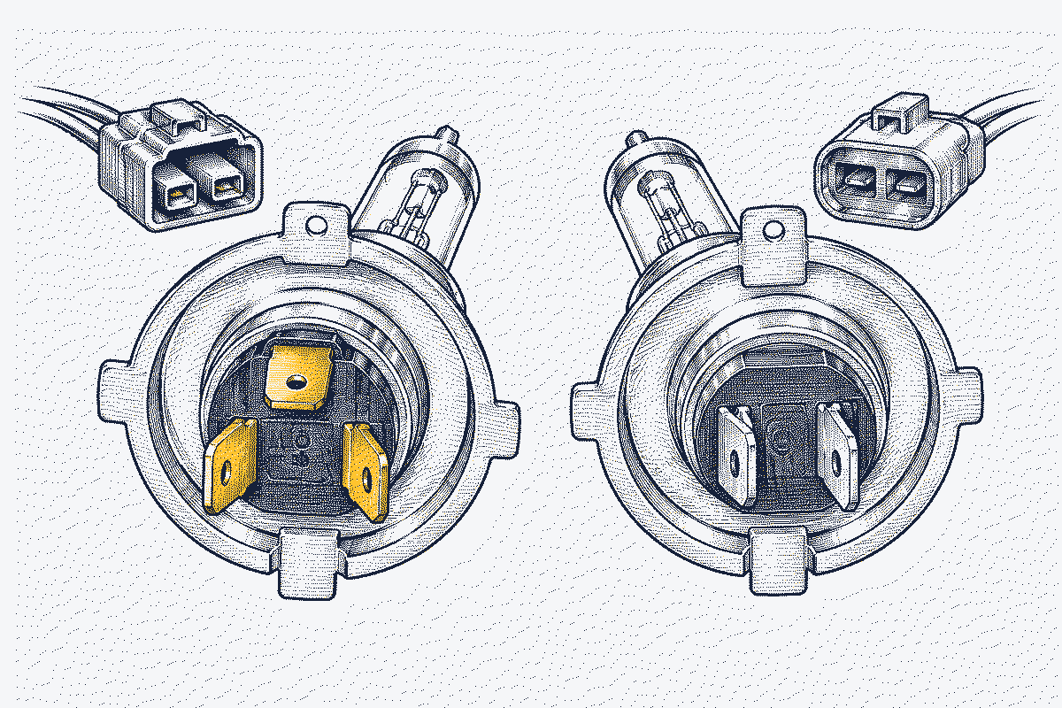 Rear of a halogen headlamp bulb connector with three terminals next to a connector with two terminals