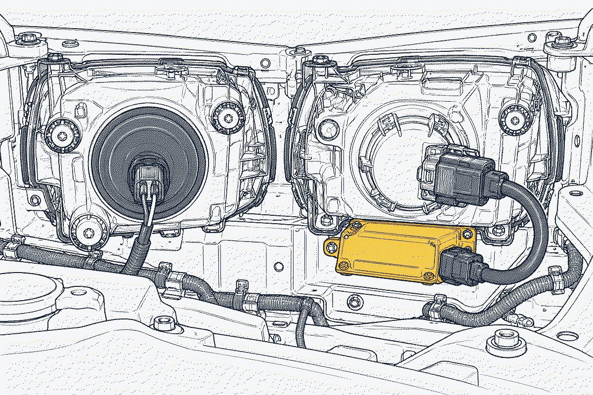 Back of two headlamp units, one with a simple bulb connector and one with a box-shaped ballast unit attached