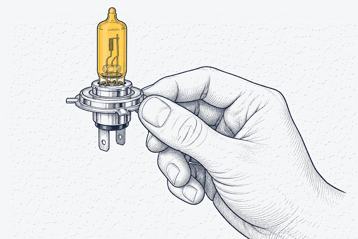 Close-up of fingers holding a halogen bulb by its metal and plastic base, well away from the glass