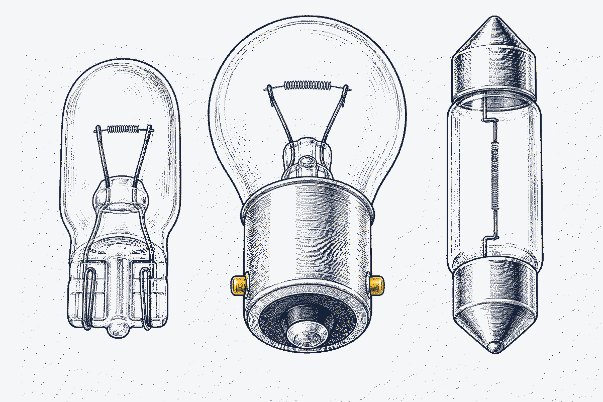 Close-up comparison of a glass wedge base, a metal bayonet cap with level pins and a festoon bulb with a cap at each end