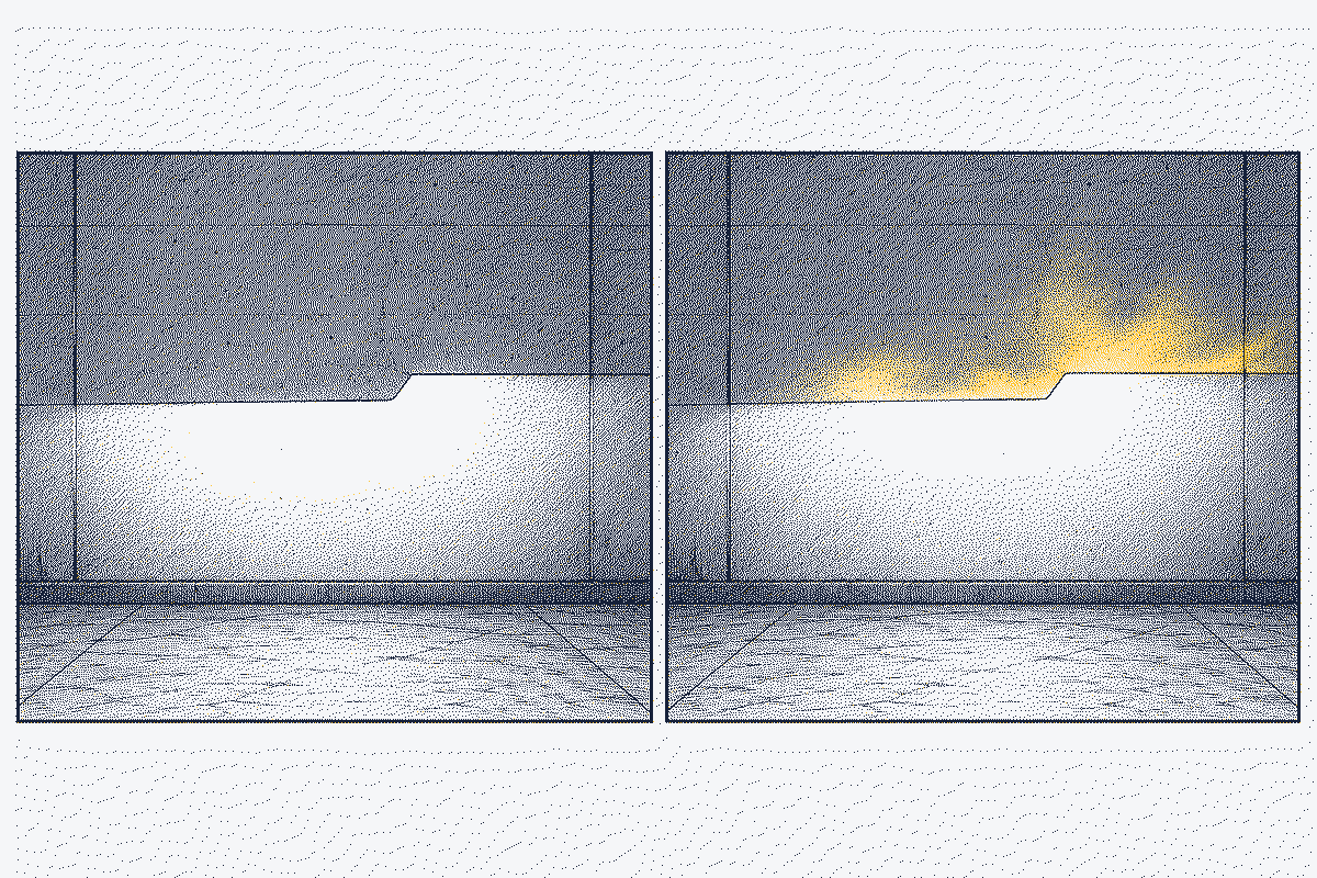 Two headlamp beams on a wall, one with a sharp flat cut-off and one scattered with light spilling above the line