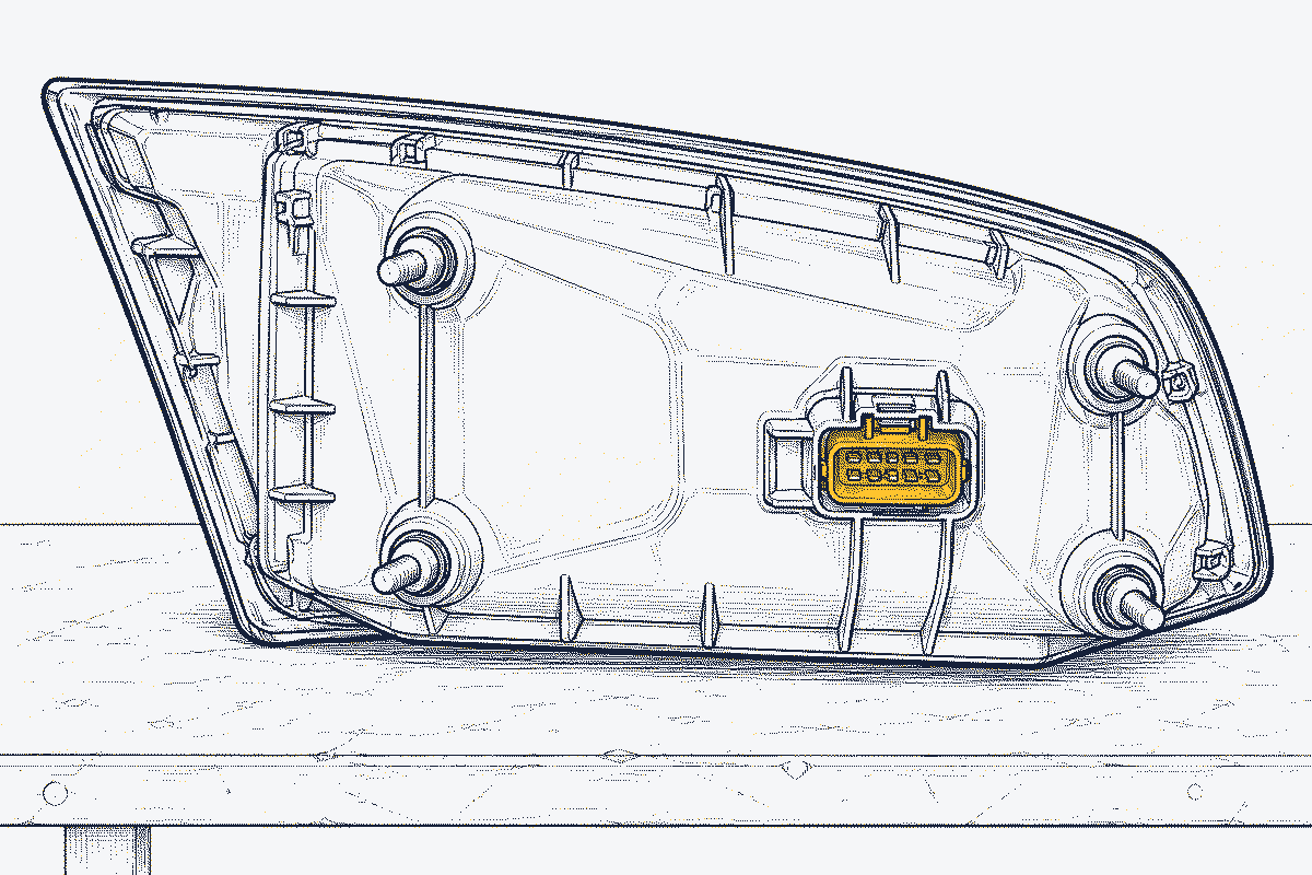 A complete LED rear lamp unit removed from a car, seen from behind with its connector and mounting studs
