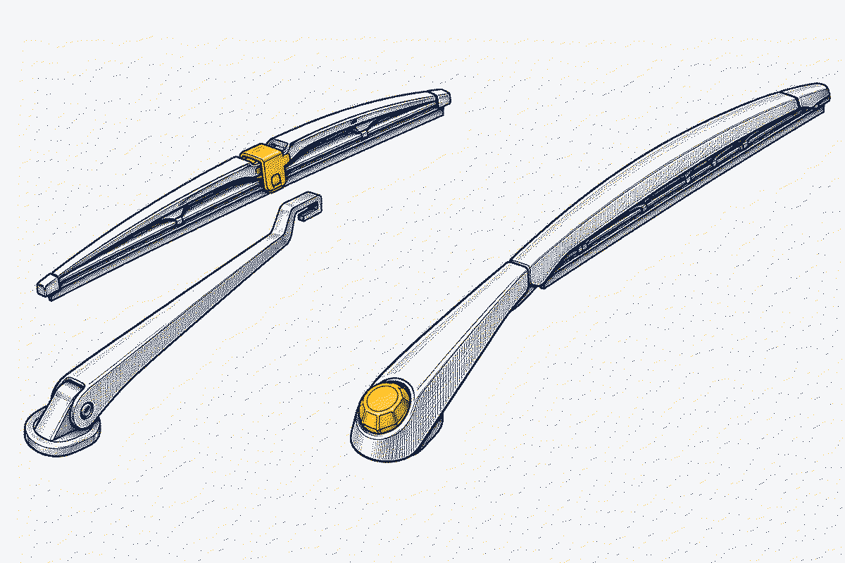 Two rear wiper designs side by side: a separate blade clipped to an arm, and a one-piece arm with the blade built in