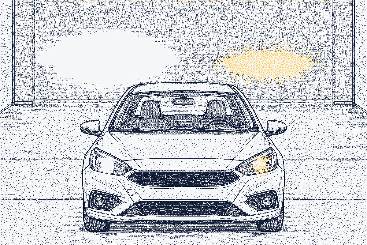 Front of a generic hatchback at night with one headlight noticeably dimmer and warmer than the other