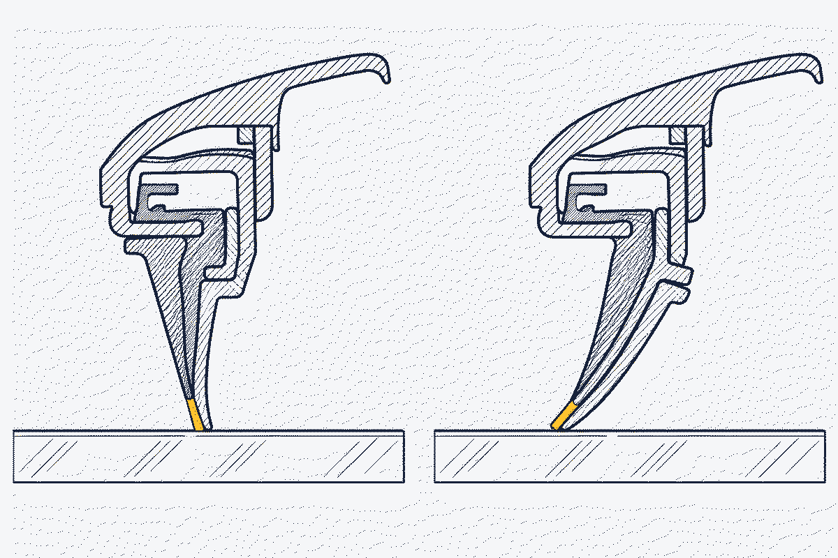 Close-up cross-section of a wiper rubber meeting the glass, upright compared with tilted over