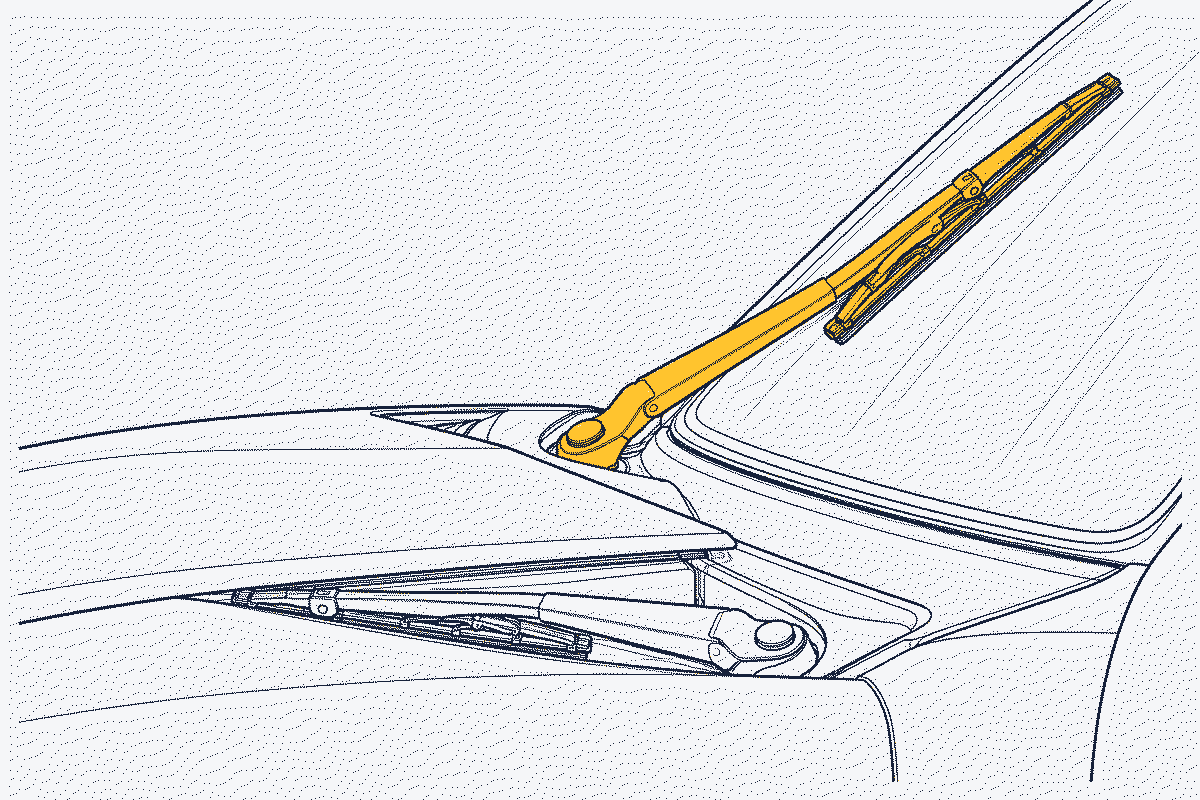 Side view of a car bonnet with the wiper arms parked low and then raised to a higher service position